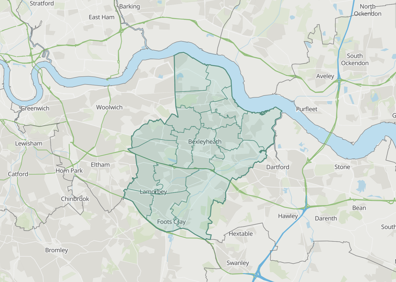 A map of the London Borough of Bexley